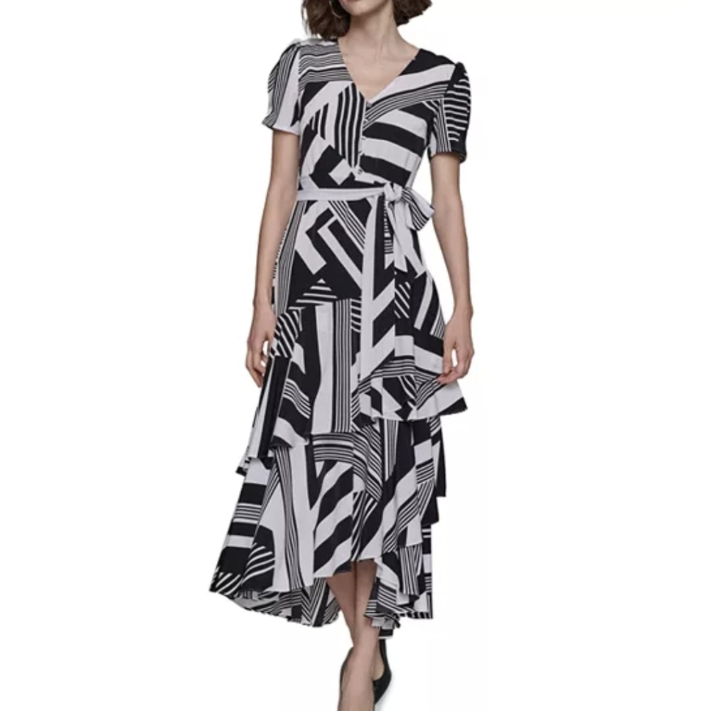Karl Lagerfeld Black and White Abstract Tiered High Low Dress Sz.20W NWT